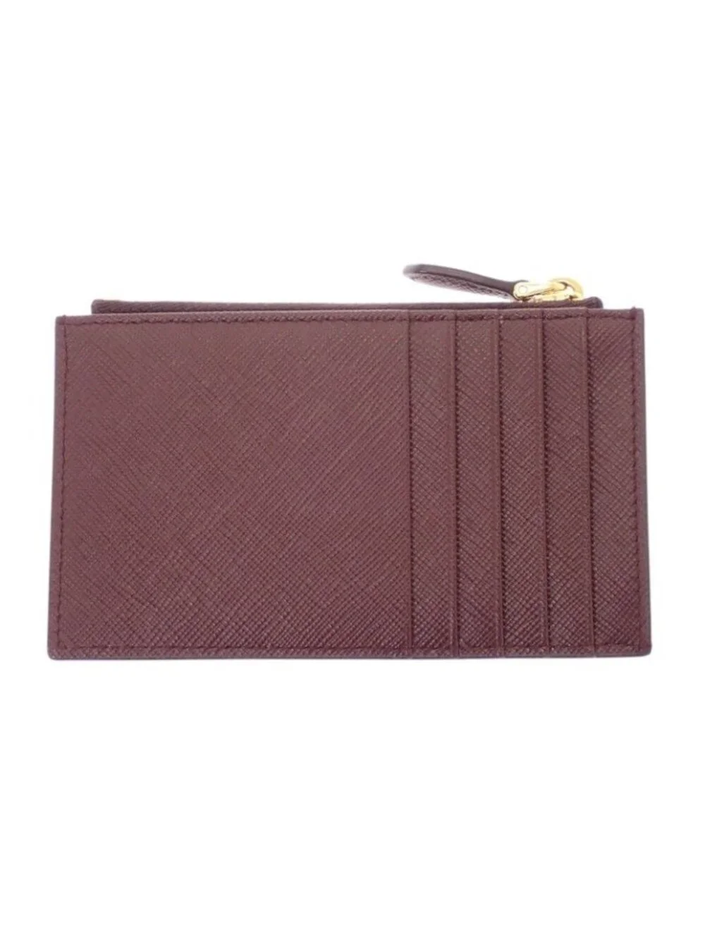 Prada Saffiano Triangle Card Case Bordeaux Burgundy Gold Genus